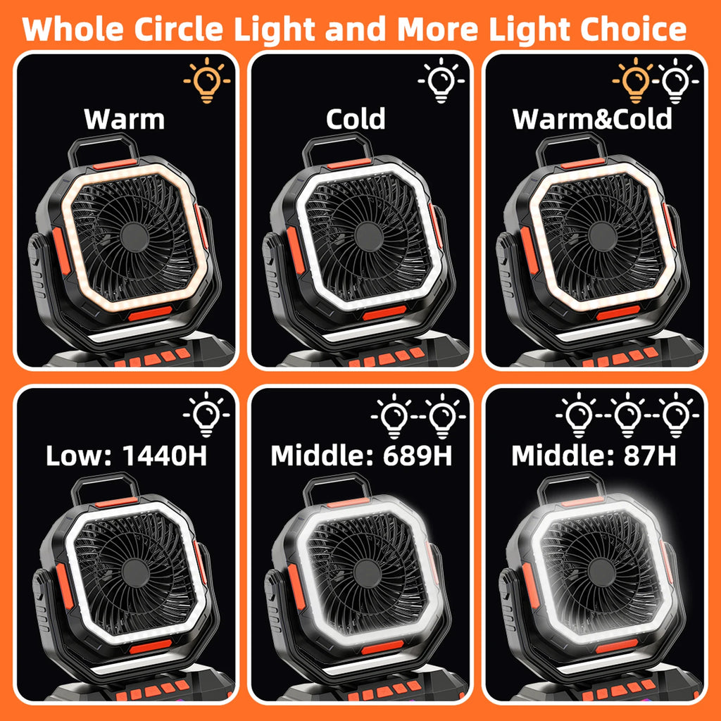 Camping Fan 40000mAh Battery Powered Fan Rechargeable 4 Speeds with LED Lantern - Portable Outdoor Tent Fans with Hanging Hook