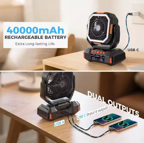 2026 Model - 40000mAh  Remote Control Portable Outdoor Camping Fan with LED Lighting and Solar Charging Capability