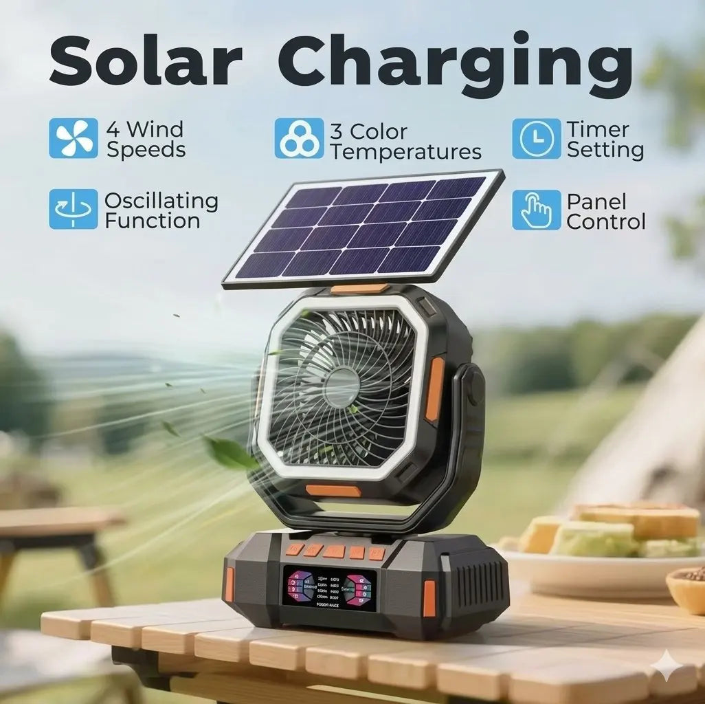 2026 Model - 40000mAh  Remote Control Portable Outdoor Camping Fan with LED Lighting and Solar Charging Capability