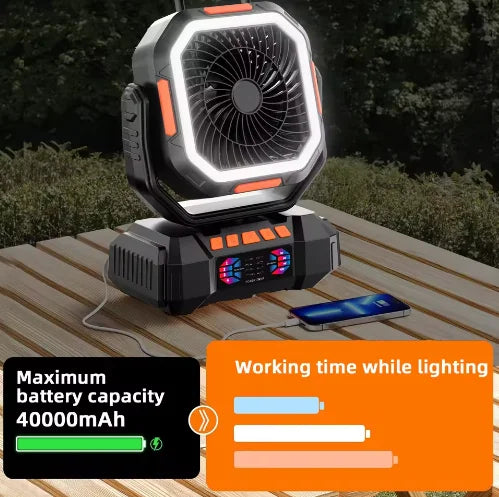 2026 Model - 40000mAh  Remote Control Portable Outdoor Camping Fan with LED Lighting and Solar Charging Capability