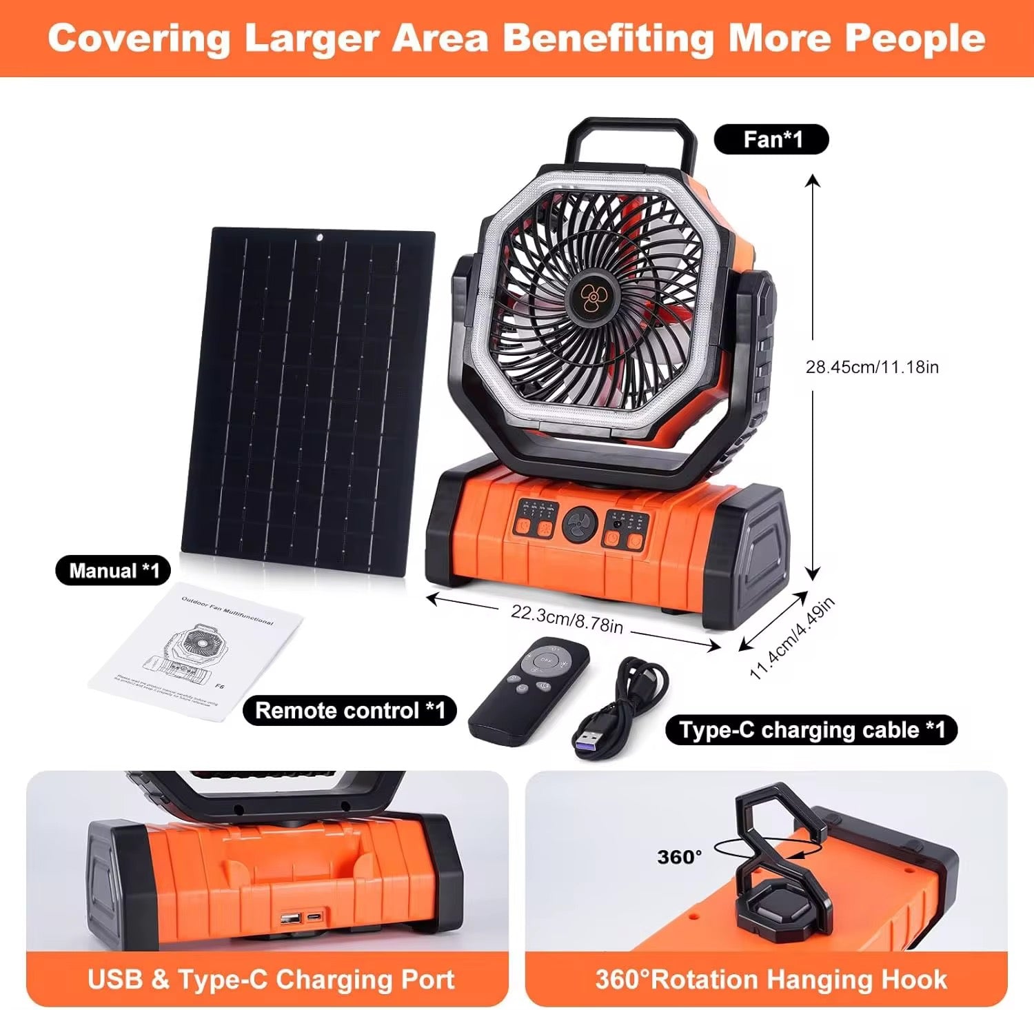 20000mAh Battery Operated Fan Portable Rechargeable Desk/Camping Fan with LED Light and Hook Outdoor Fan for Tent Car Trip