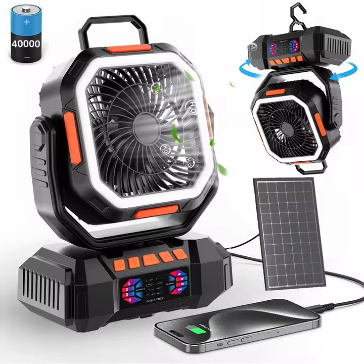 40000mAh Solar Rechargeable Camping Fan with LED Light Remote Control Outdoor Hanging Fan for Tent Fishing Hurricane - 100H Runtime