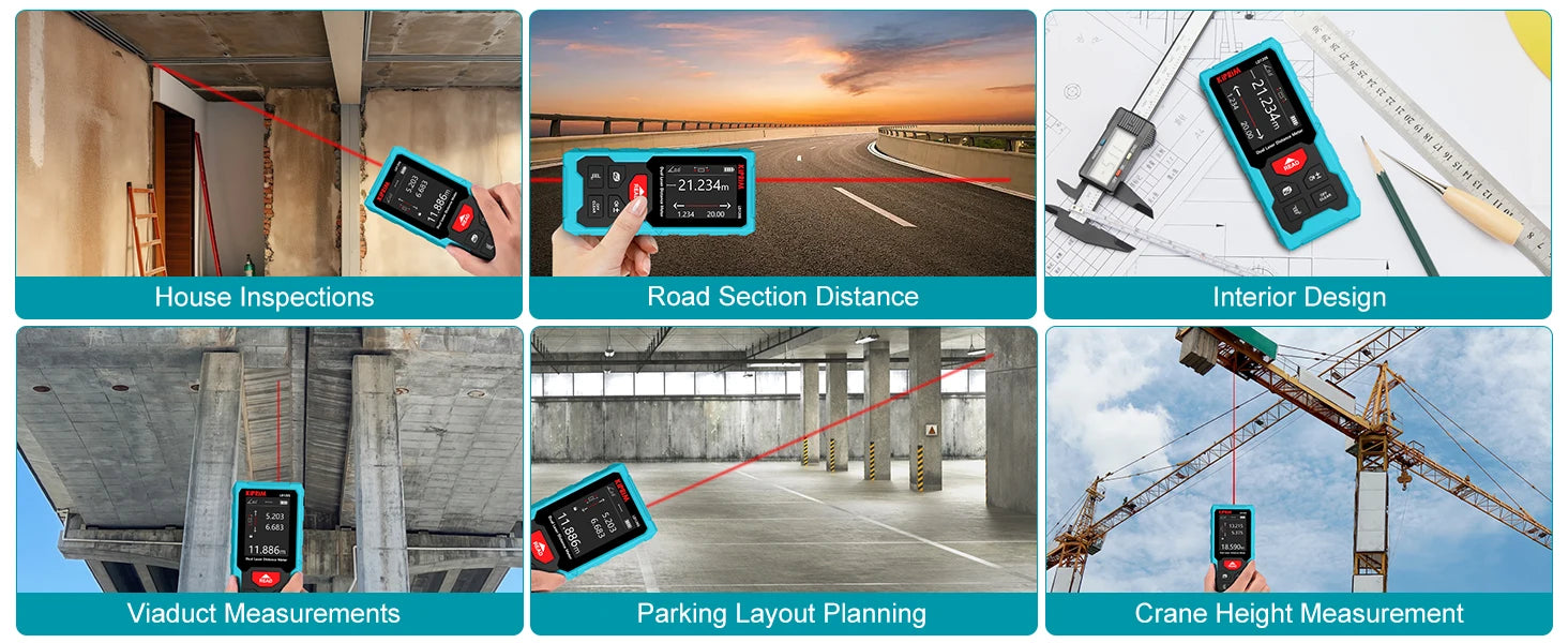 Kiprim Dual Laser Distance Meter Rechargeable Bilateral Laser Rangefinder 120m Digital Tape Measure Angle Measurment Tool