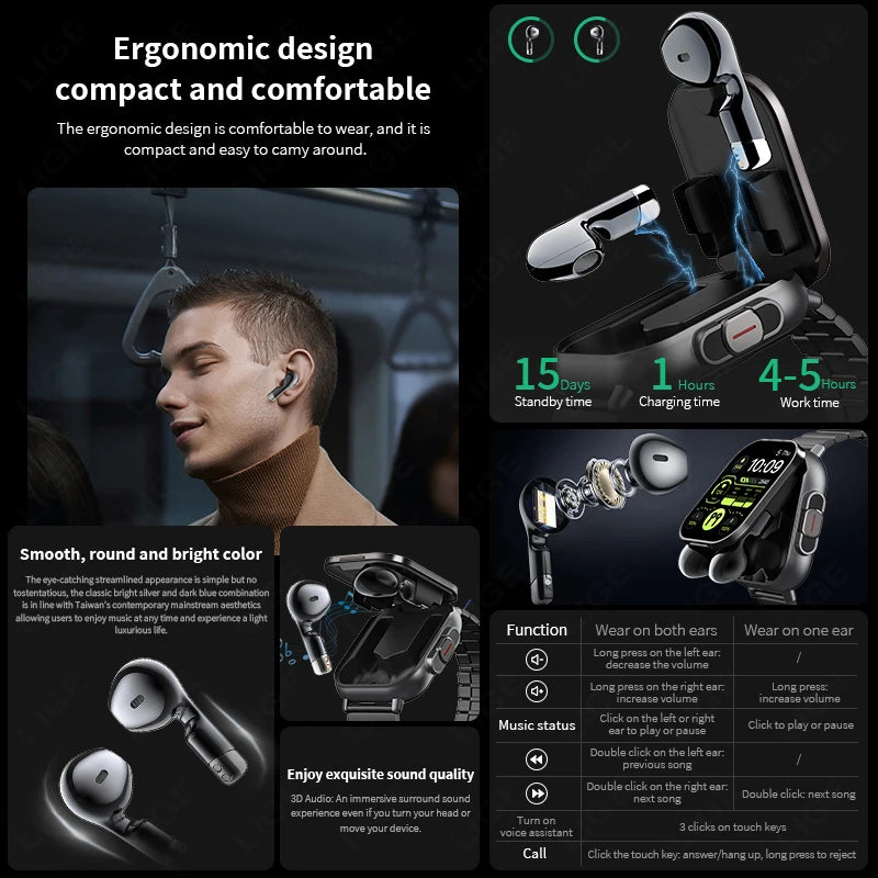 NFC Smart Watch TWS 2-in-1 Headset Bluetooth Call Heart Rate Blood Pressure Health Monitoring Headphones Play Music Smartwatch
