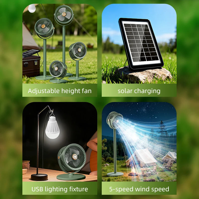 Solar Fan with LED Light, 5-Speed, 4-Height Adjustable, Portable Floor Fan for Camping, Hiking, Home, Office, USB/Solar Charging