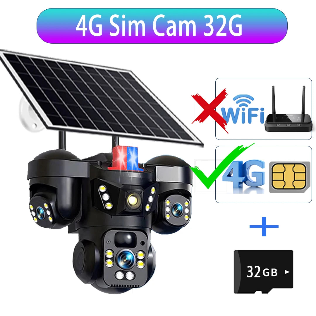 V380 Three Lens Three Screens 15MP 4G Solar Camera Outdoor WiFi 10X Digital Zoom Waterproof Auto Tracking Security CCTV Cameras