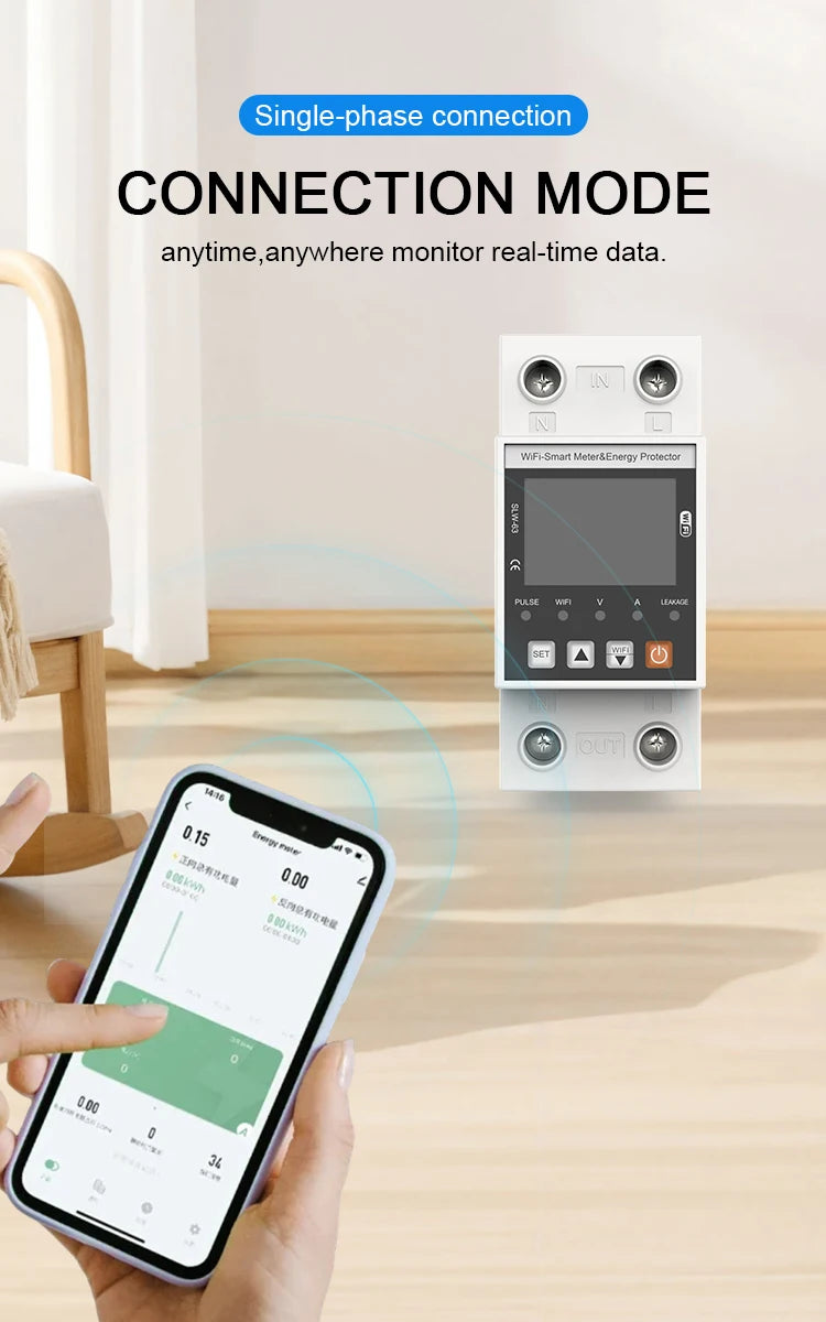 ANDELI Tuya WiFi Smart DIN-rail Circuit Breaker Single Phase Over-Under Voltage Protector with Digital Display Energy Meter