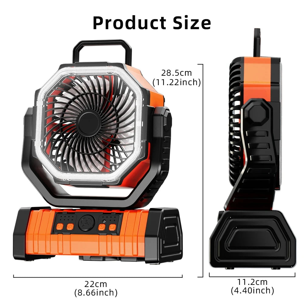 20000mAh Battery Operated Fan Portable Rechargeable Desk/Camping Fan with LED Light and Hook Outdoor Fan