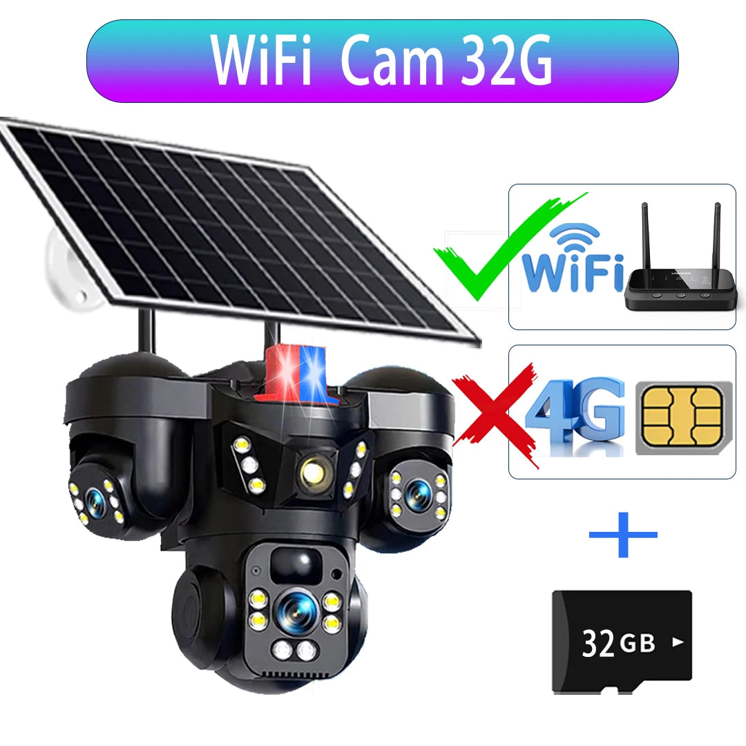 V380 Three Lens Three Screens 15MP 4G Solar Camera Outdoor WiFi 10X Digital Zoom Waterproof Auto Tracking Security CCTV Cameras