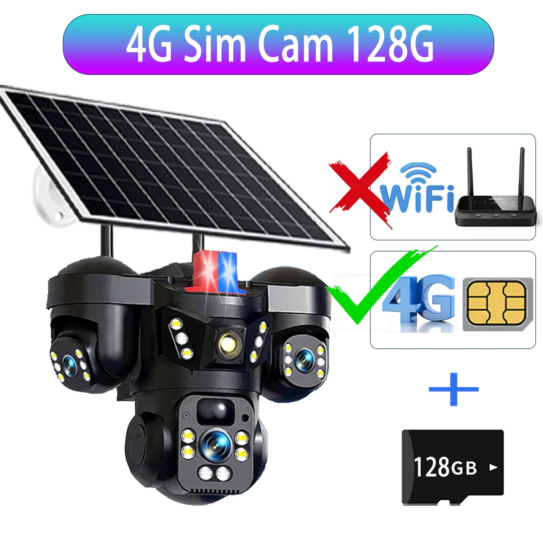 V380 Three Lens Three Screens 15MP 4G Solar Camera Outdoor WiFi 10X Digital Zoom Waterproof Auto Tracking Security CCTV Cameras