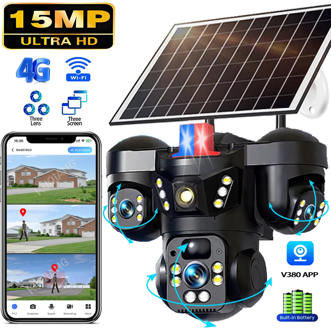 V380 Three Lens Three Screens 15MP 4G Solar Camera Outdoor WiFi 10X Digital Zoom Waterproof Auto Tracking Security CCTV Cameras