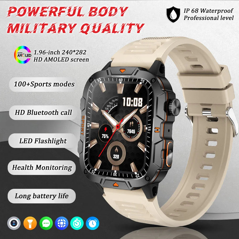 2025 New Military Grade Smart Watch Men 1.96" AMOLED Screen 5ATM Waterproof Simming Sports Fitness Tracker BT Call Smartwatches