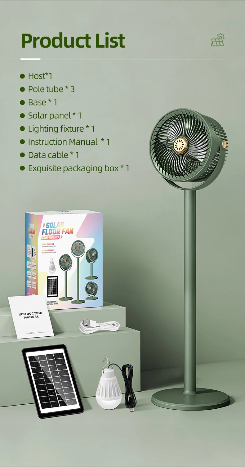 Solar Fan with LED Light, 5-Speed, 4-Height Adjustable, Portable Floor Fan for Camping, Hiking, Home, Office, USB/Solar Charging