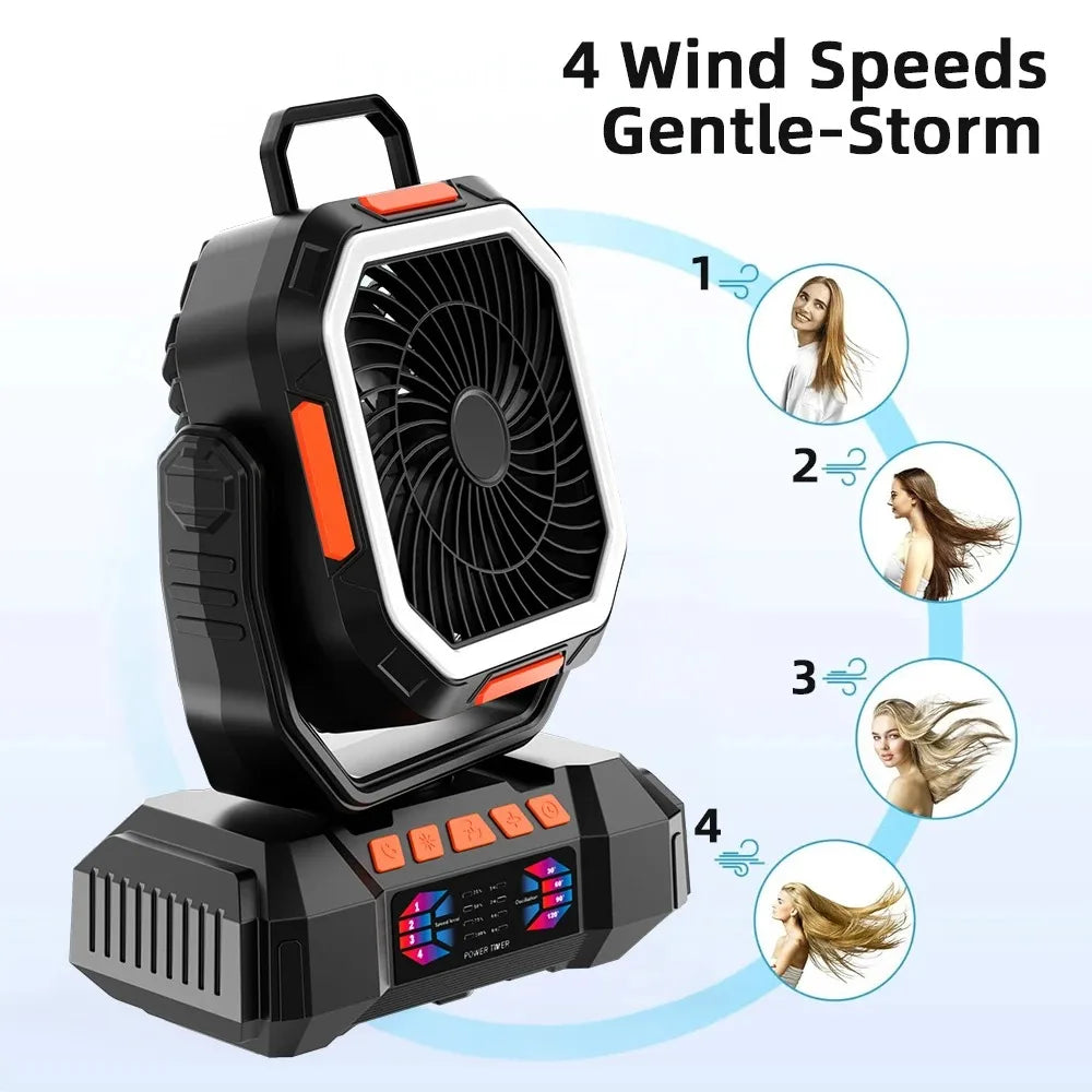 40000mAh Solar Rechargeable Camping Fan with LED Light Remote Control Outdoor Hanging Fan for Tent Fishing Hurricane - 100H Runtime