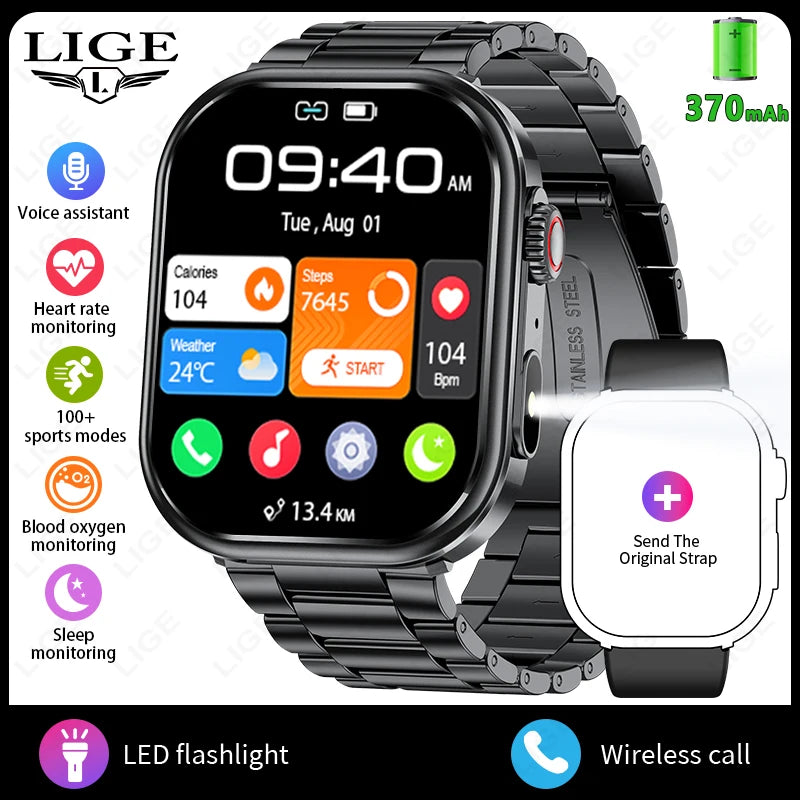 LIGE New Smart Watch Men 2.01'' HD Flashlight Bluetooth Call Heart Rate Sleep Health Monitor Sports Waterproof Smartwatch Women