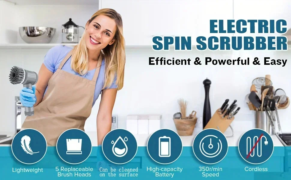 New Electric Spin Scrubber Cordless Spin Scrubber with 6 Replaceable Brush Heads  Electric Cleaning Brush Cleaning Tools