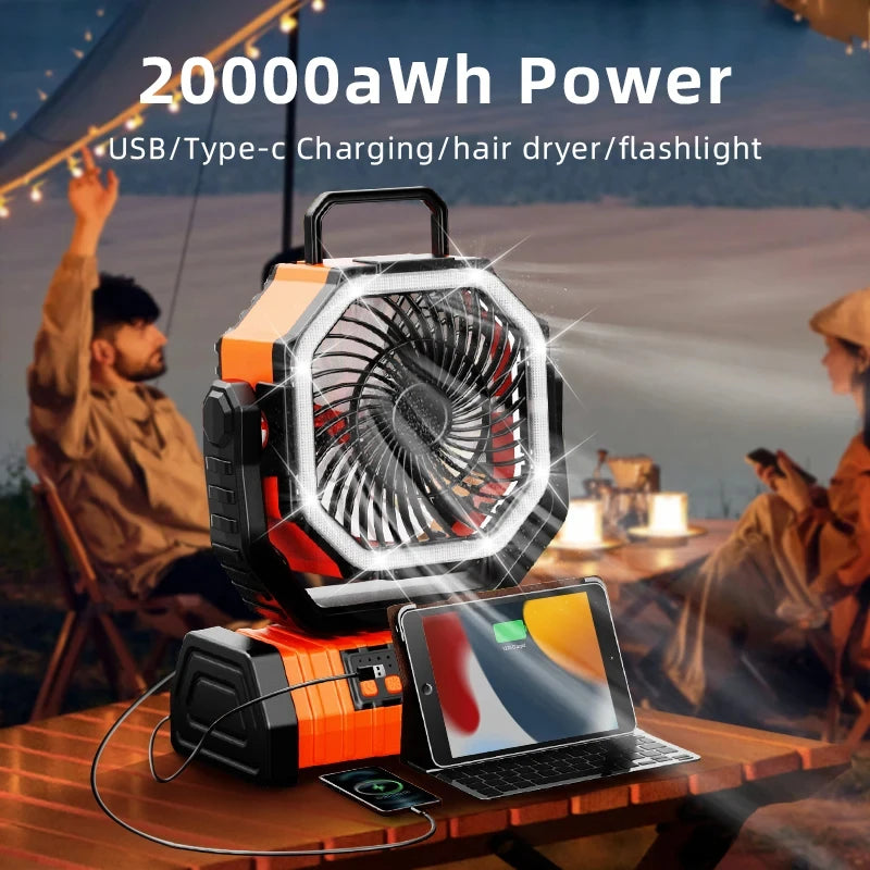 20000mAh Battery Operated Fan Portable Rechargeable Desk/Camping Fan with LED Light and Hook Outdoor Fan