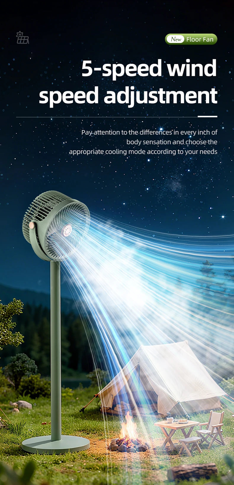 Solar Fan with LED Light, 5-Speed, 4-Height Adjustable, Portable Floor Fan for Camping, Hiking, Home, Office, USB/Solar Charging