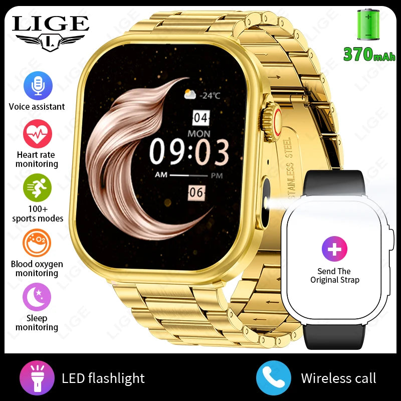 LIGE New Smart Watch Men 2.01'' HD Flashlight Bluetooth Call Heart Rate Sleep Health Monitor Sports Waterproof Smartwatch Women