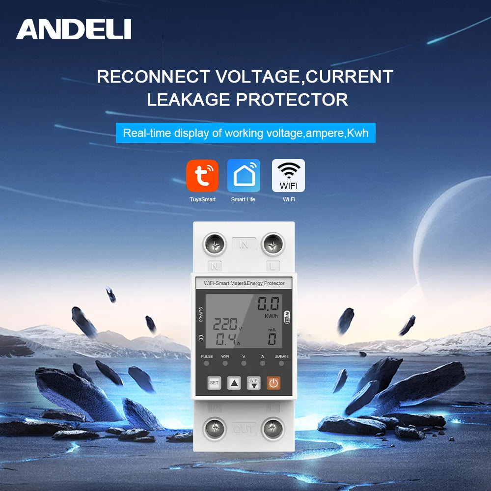 ANDELI Tuya WiFi Smart DIN-rail Circuit Breaker Single Phase Over-Under Voltage Protector with Digital Display Energy Meter