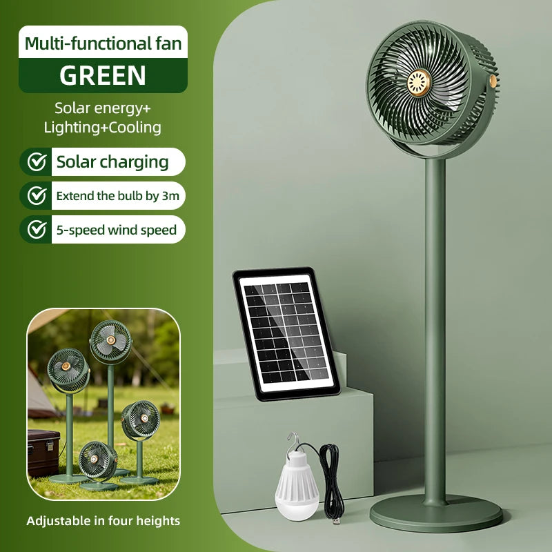 Solar Fan with LED Light, 5-Speed, 4-Height Adjustable, Portable Floor Fan for Camping, Hiking, Home, Office, USB/Solar Charging