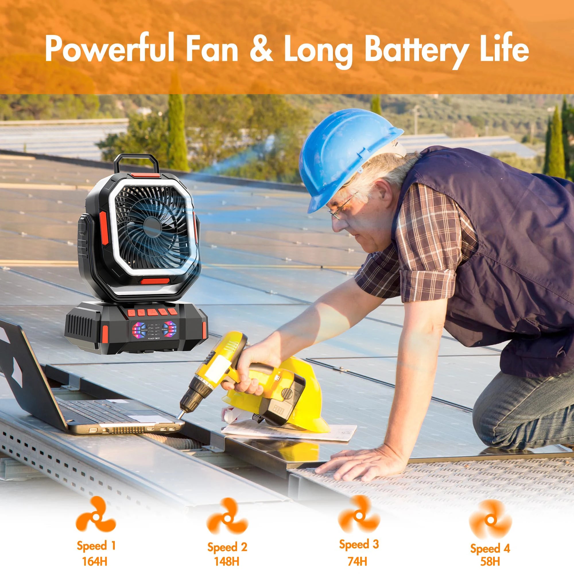 20000mAh Battery Operated Fan Portable Rechargeable Desk/Camping Fan with LED Light and Hook Outdoor Fan