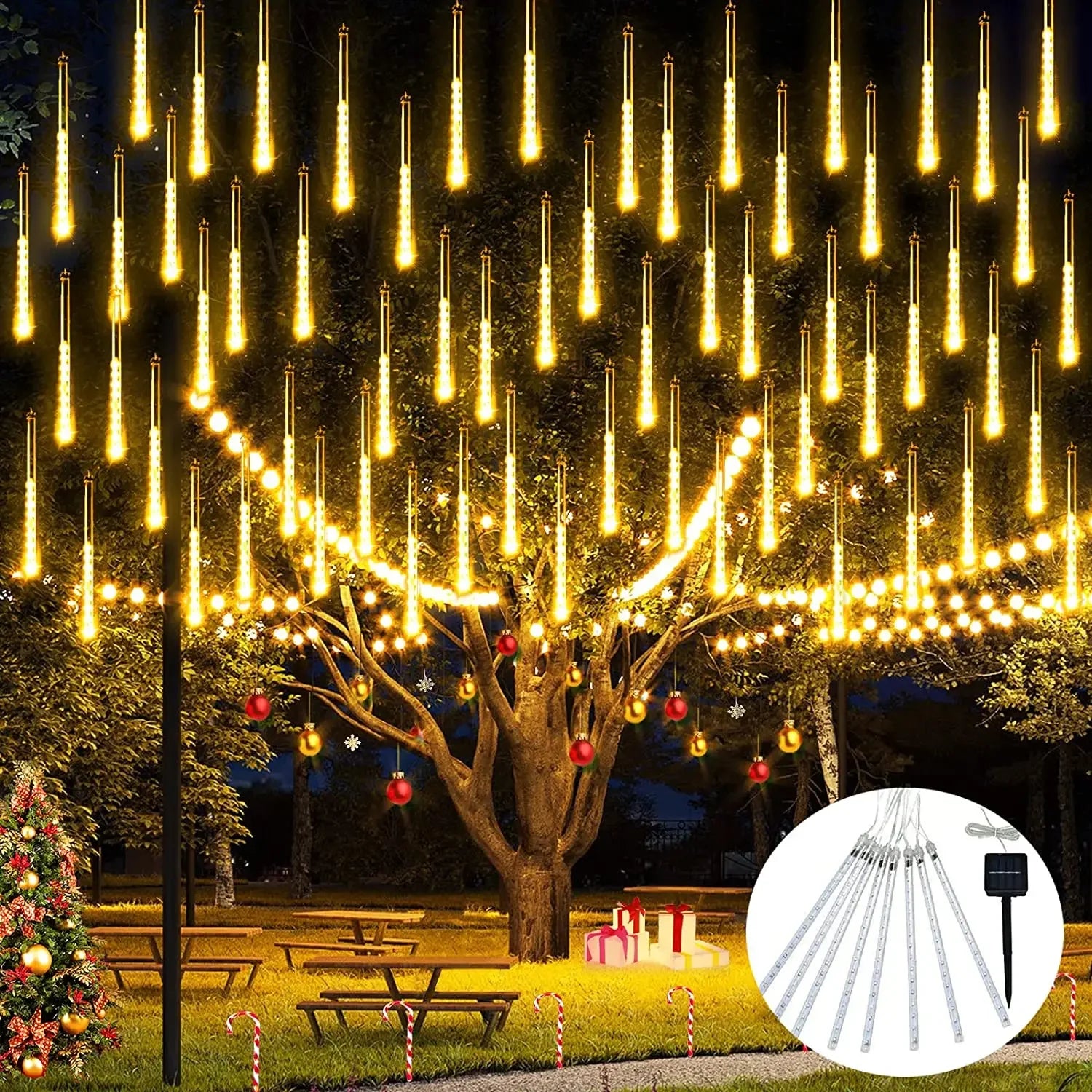 Solar Meteor Shower Lights Outdoor Meteor Lights 10Tubes Waterproof LED Falling Raindrop Christmas Halloween Fairy String Lights