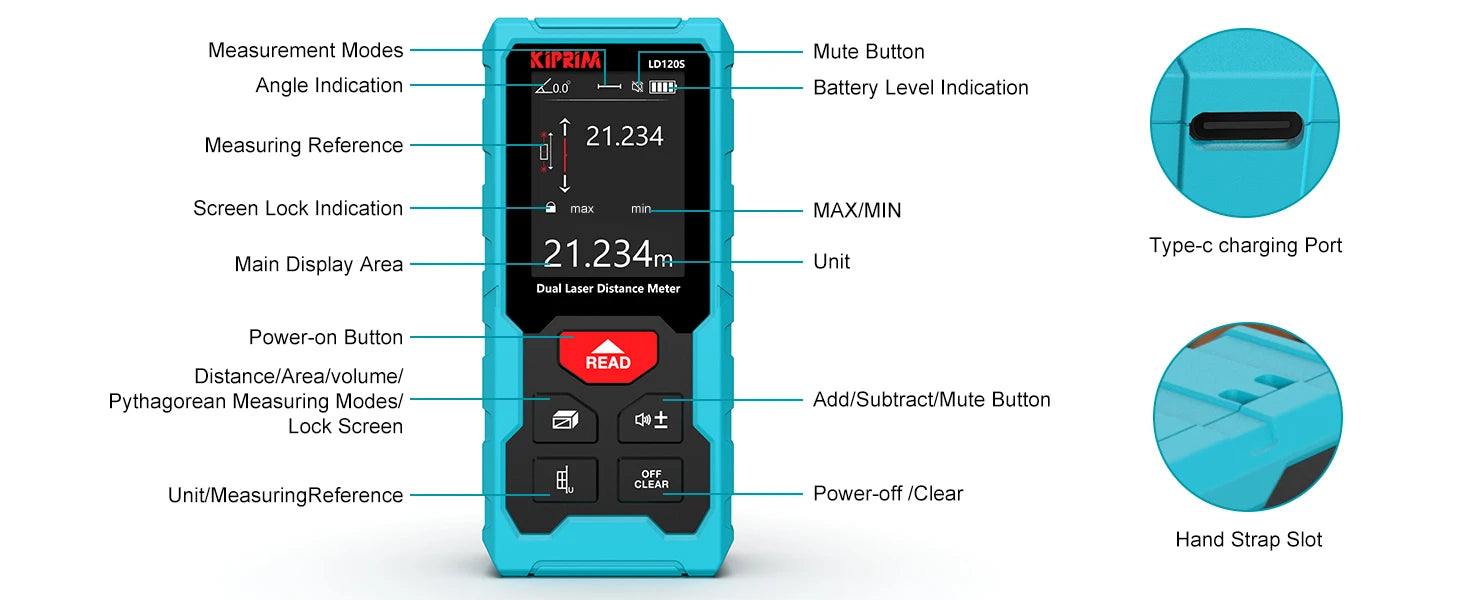 Kiprim Dual Laser Distance Meter Rechargeable Bilateral Laser Rangefinder 120m Digital Tape Measure Angle Measurment Tool