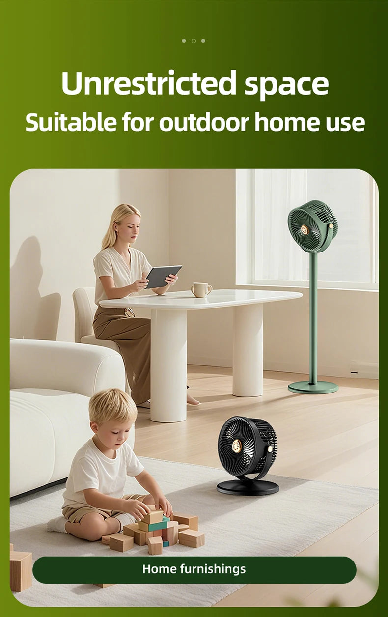 Solar Fan with LED Light, 5-Speed, 4-Height Adjustable, Portable Floor Fan for Camping, Hiking, Home, Office, USB/Solar Charging