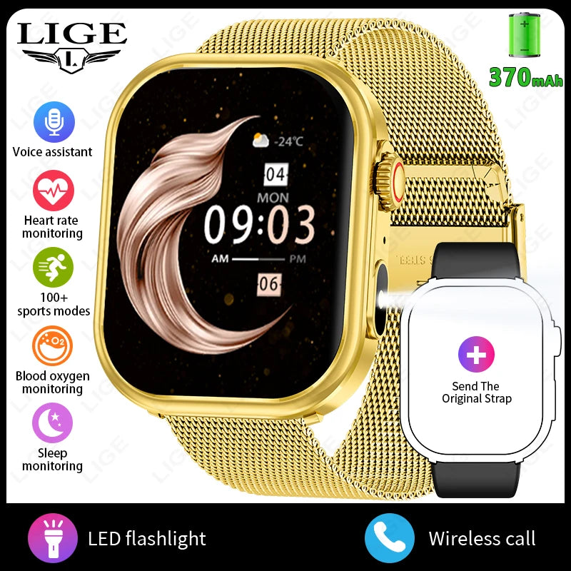 LIGE New Smart Watch Men 2.01'' HD Flashlight Bluetooth Call Heart Rate Sleep Health Monitor Sports Waterproof Smartwatch Women