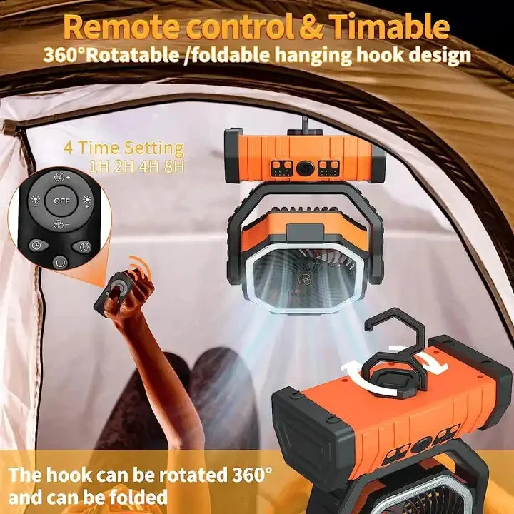 20000mAh Battery Operated Fan Portable Rechargeable Desk/Camping Fan with LED Light and Hook Outdoor Fan