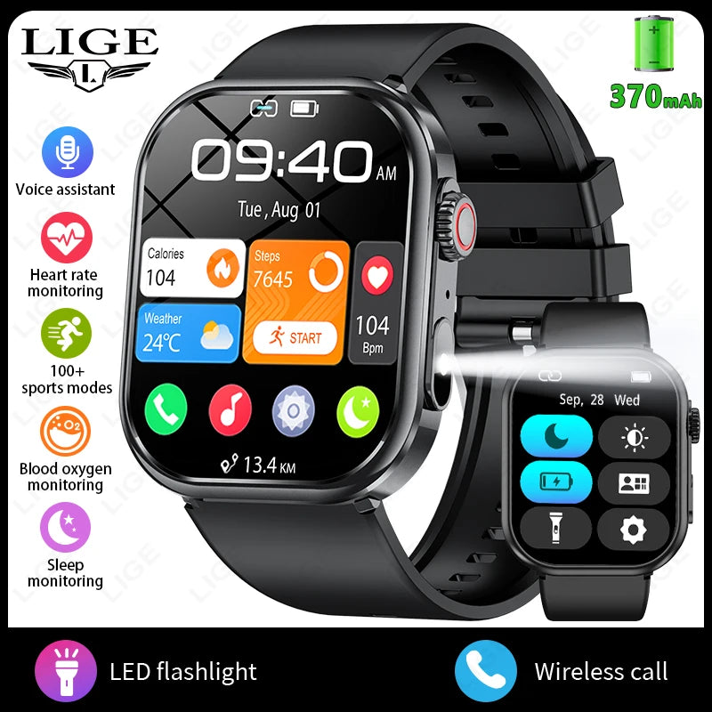 LIGE New Smart Watch Men 2.01'' HD Flashlight Bluetooth Call Heart Rate Sleep Health Monitor Sports Waterproof Smartwatch Women