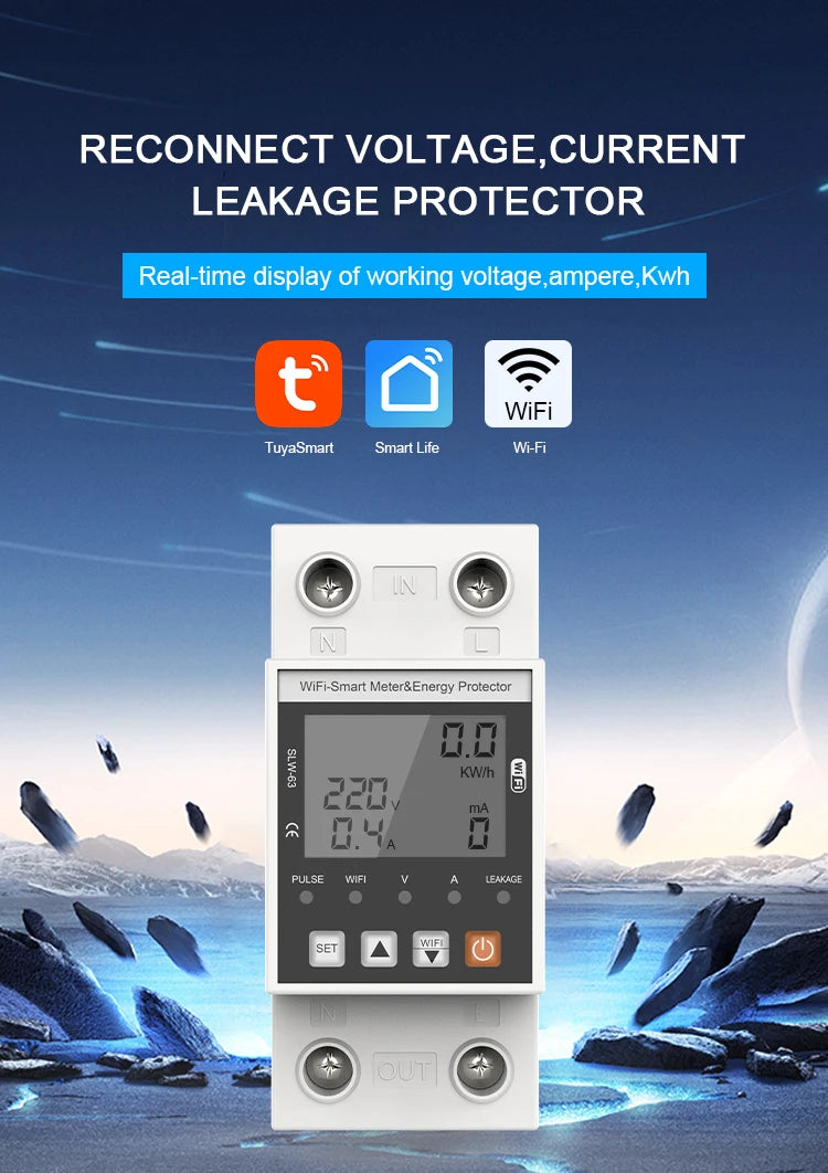 ANDELI Tuya WiFi Smart DIN-rail Circuit Breaker Single Phase Over-Under Voltage Protector with Digital Display Energy Meter