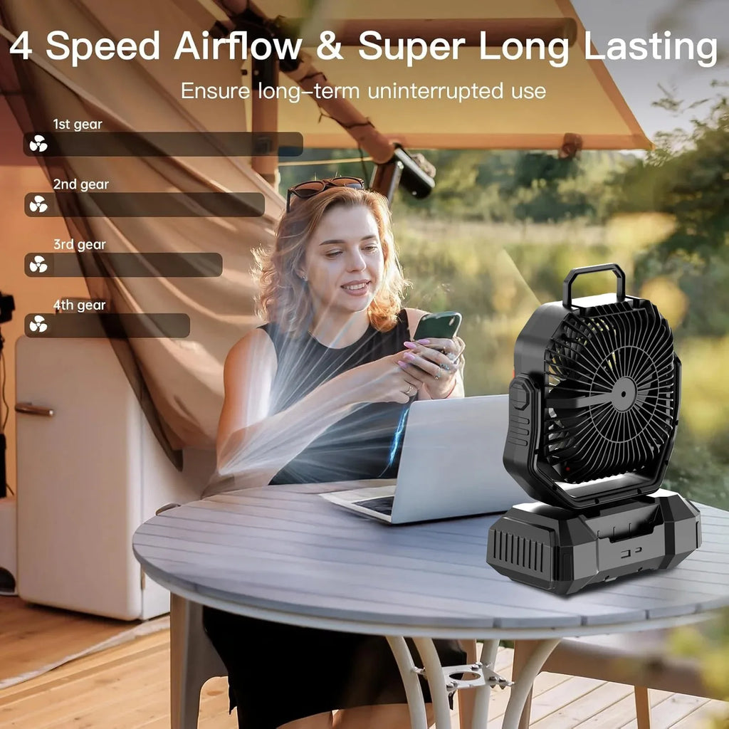 40000mAh Solar Rechargeable Camping Fan with LED Light Remote Control Outdoor Hanging Fan for Tent Fishing Hurricane - 100H Runtime