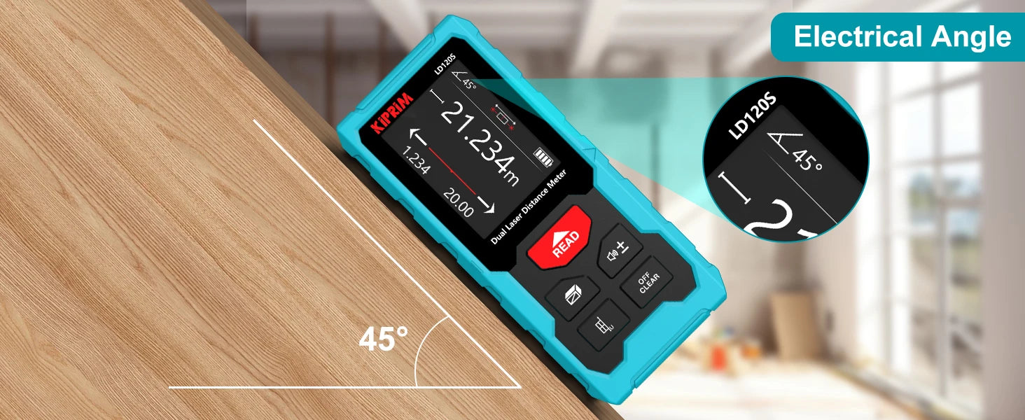 Kiprim Dual Laser Distance Meter Rechargeable Bilateral Laser Rangefinder 120m Digital Tape Measure Angle Measurment Tool