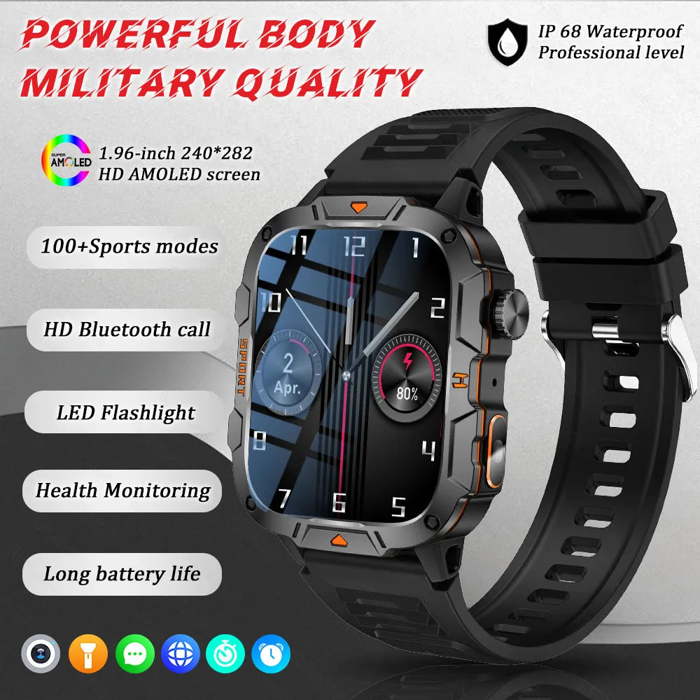 2025 New Military Grade Smart Watch Men 1.96" AMOLED Screen 5ATM Waterproof Simming Sports Fitness Tracker BT Call Smartwatches