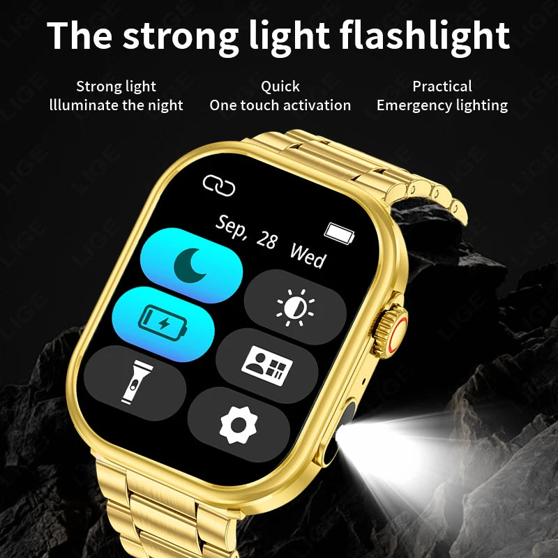 LIGE New Smart Watch Men 2.01'' HD Flashlight Bluetooth Call Heart Rate Sleep Health Monitor Sports Waterproof Smartwatch Women