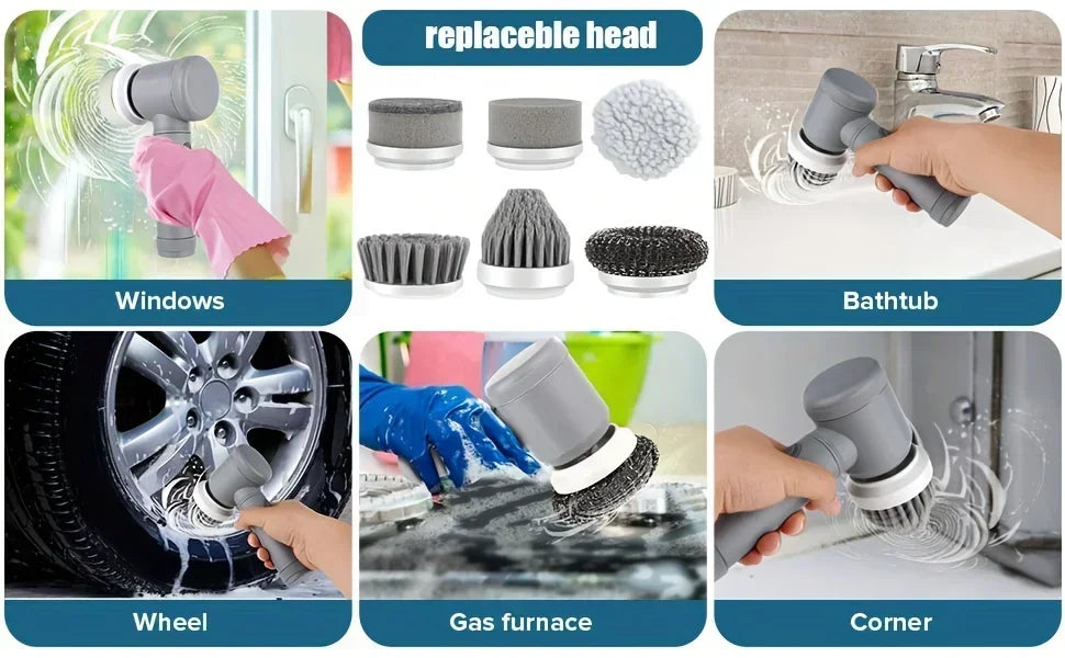 New Electric Spin Scrubber Cordless Spin Scrubber with 6 Replaceable Brush Heads  Electric Cleaning Brush Cleaning Tools