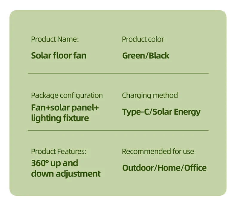 Solar Fan with LED Light, 5-Speed, 4-Height Adjustable, Portable Floor Fan for Camping, Hiking, Home, Office, USB/Solar Charging