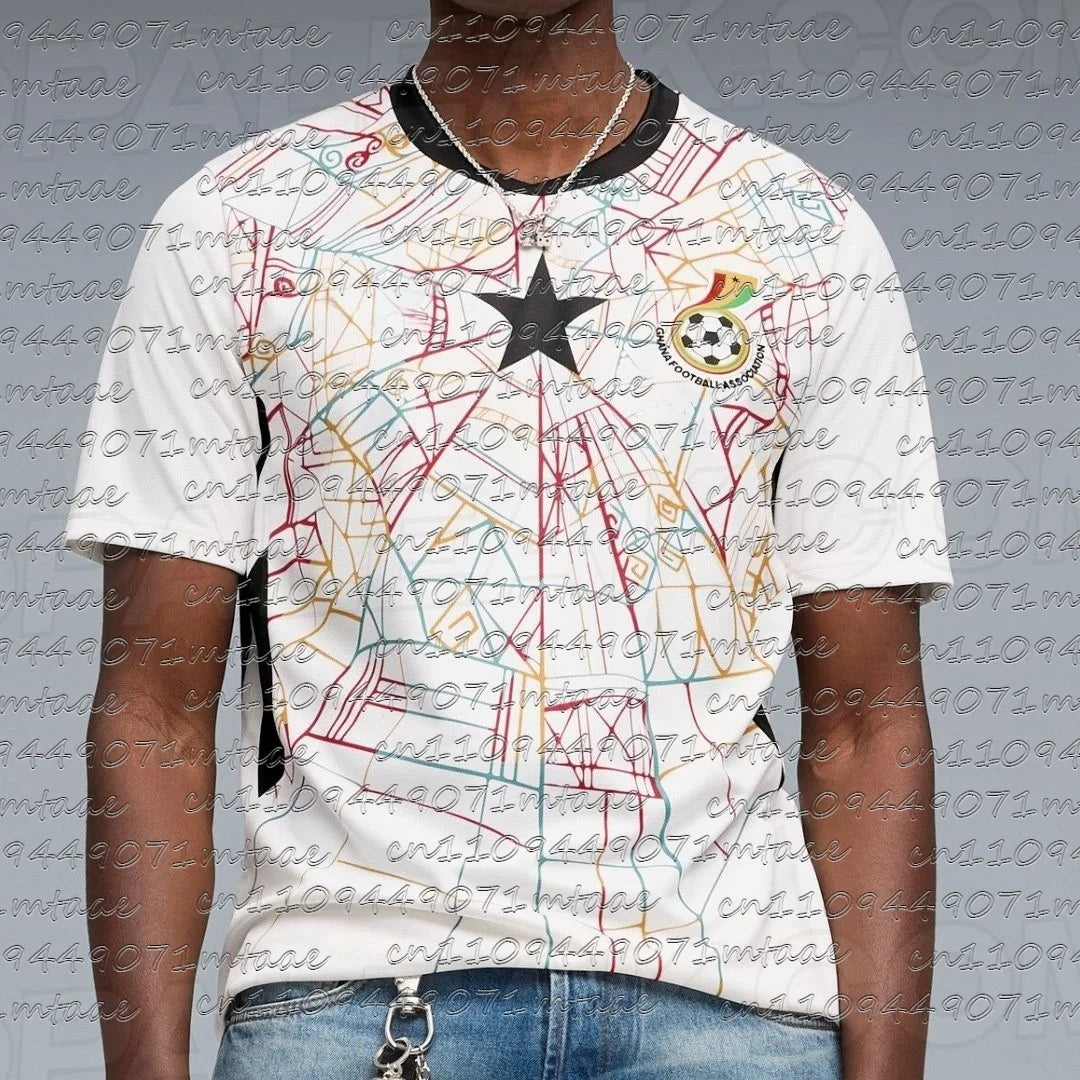 2026 Men's Ghana Soccer Jersey White Geometric Pattern GFA Black Star Football Shirt AFCON Fan Jersey for Game Day Streetwear