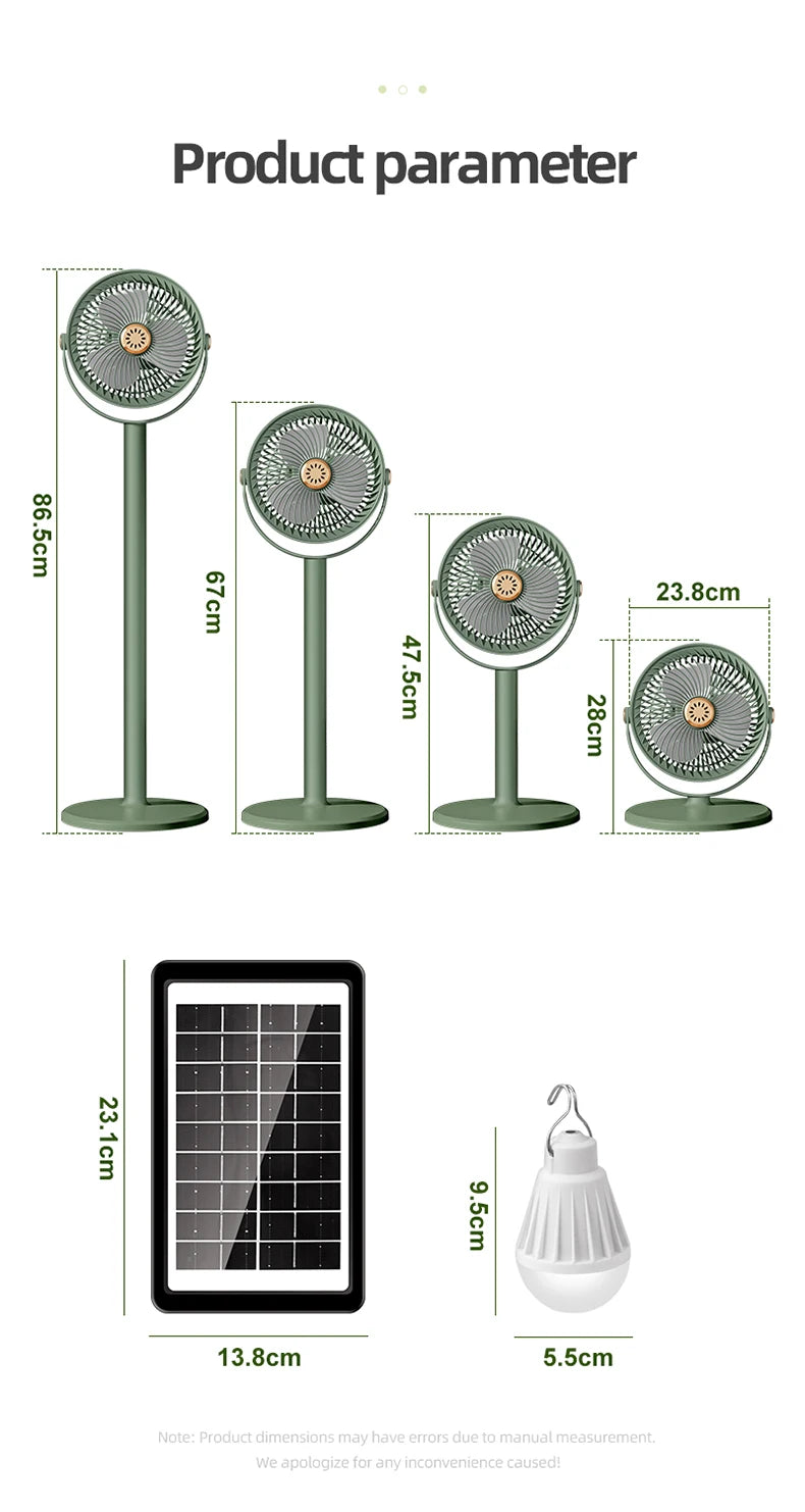 Solar Fan with LED Light, 5-Speed, 4-Height Adjustable, Portable Floor Fan for Camping, Hiking, Home, Office, USB/Solar Charging