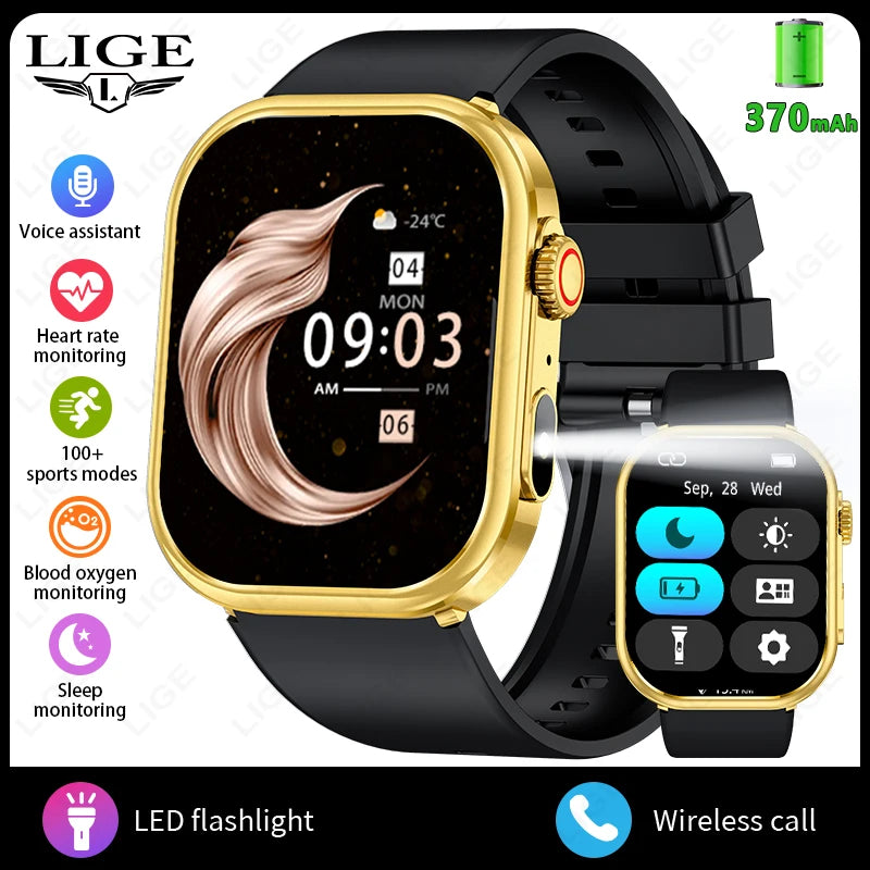 LIGE New Smart Watch Men 2.01'' HD Flashlight Bluetooth Call Heart Rate Sleep Health Monitor Sports Waterproof Smartwatch Women