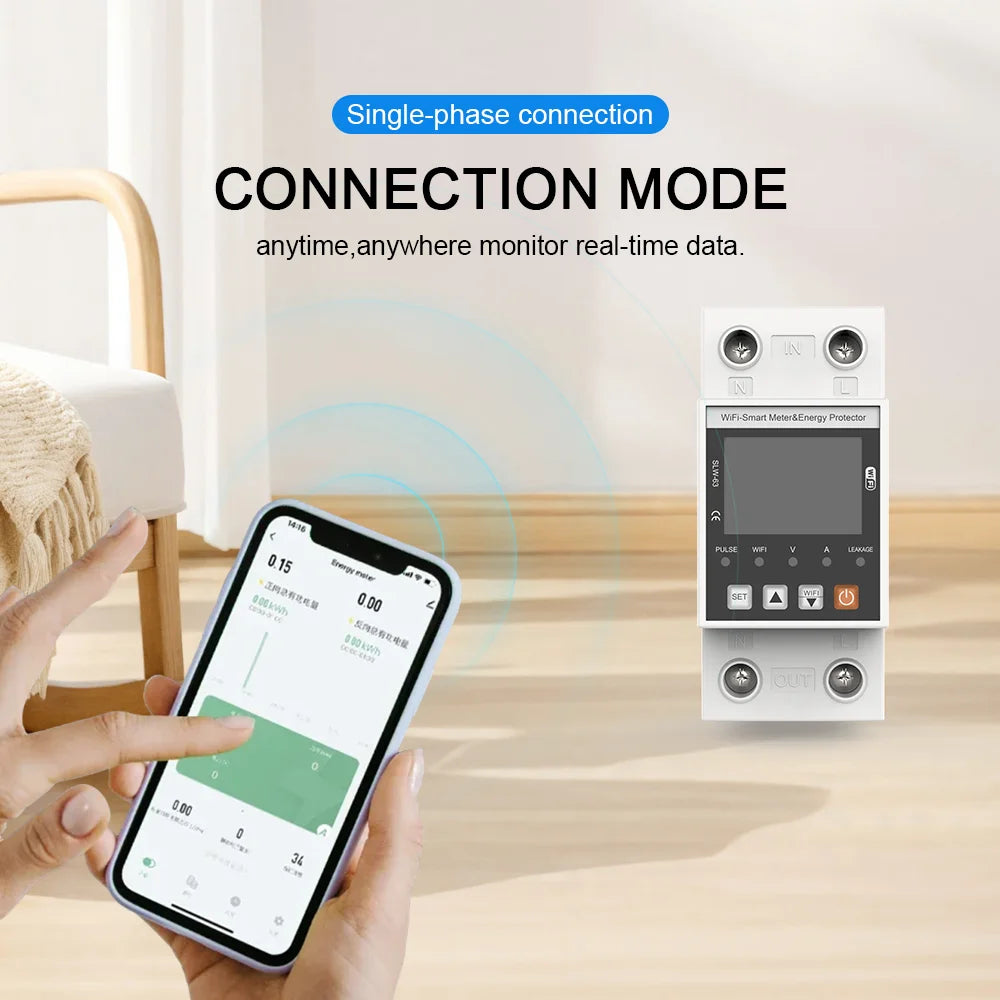 ANDELI Tuya WiFi Smart DIN-rail Circuit Breaker Single Phase Over-Under Voltage Protector with Digital Display Energy Meter