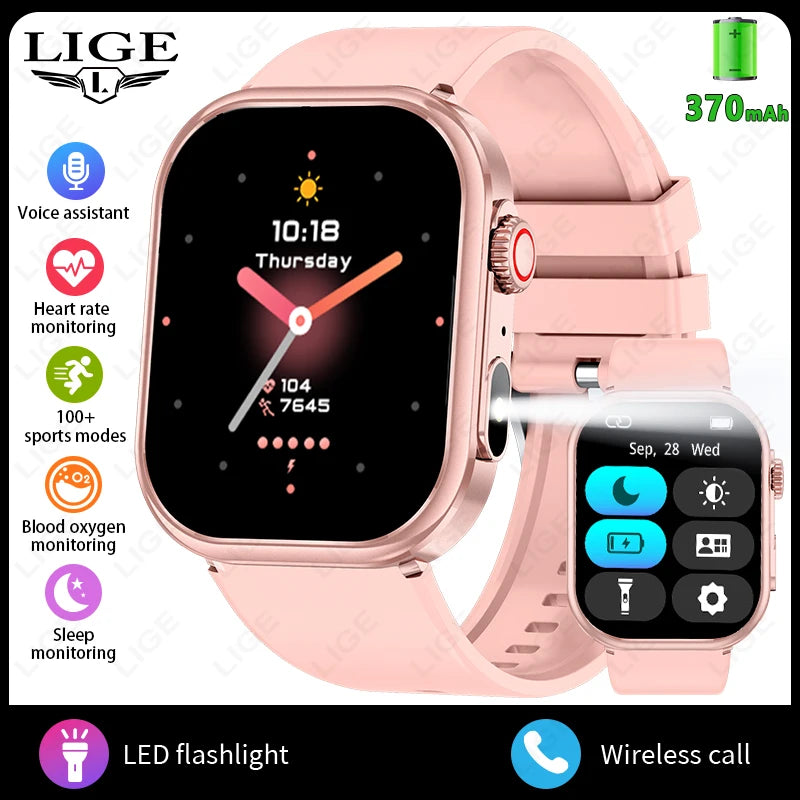 LIGE New Smart Watch Men 2.01'' HD Flashlight Bluetooth Call Heart Rate Sleep Health Monitor Sports Waterproof Smartwatch Women
