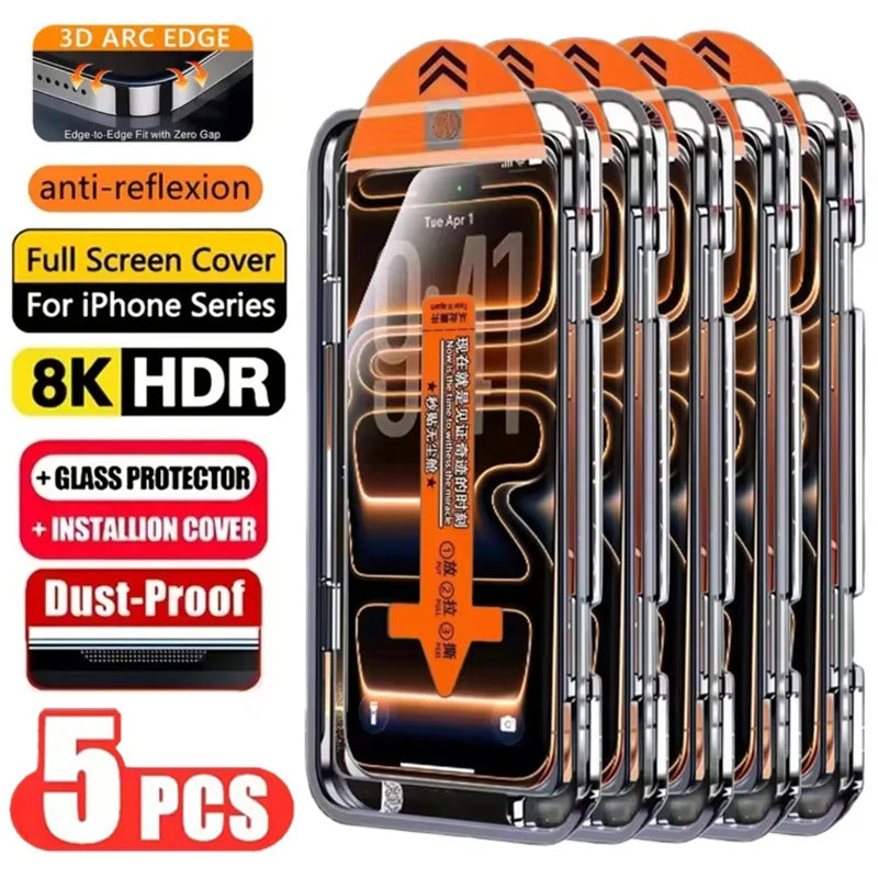 5PCS Easy Install HD Screen Protector For iPhone 17 16 13 Pro Max 11 15 14 16e 12 Mini XR X Xs 7 8 Plus Air Tempered Glass