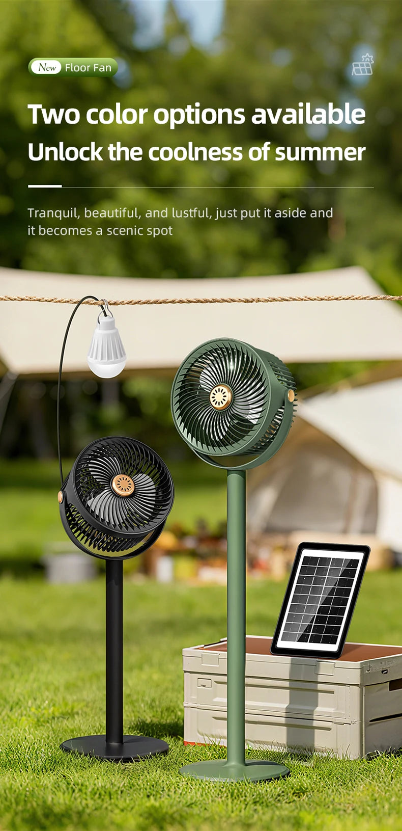 Solar Fan with LED Light, 5-Speed, 4-Height Adjustable, Portable Floor Fan for Camping, Hiking, Home, Office, USB/Solar Charging