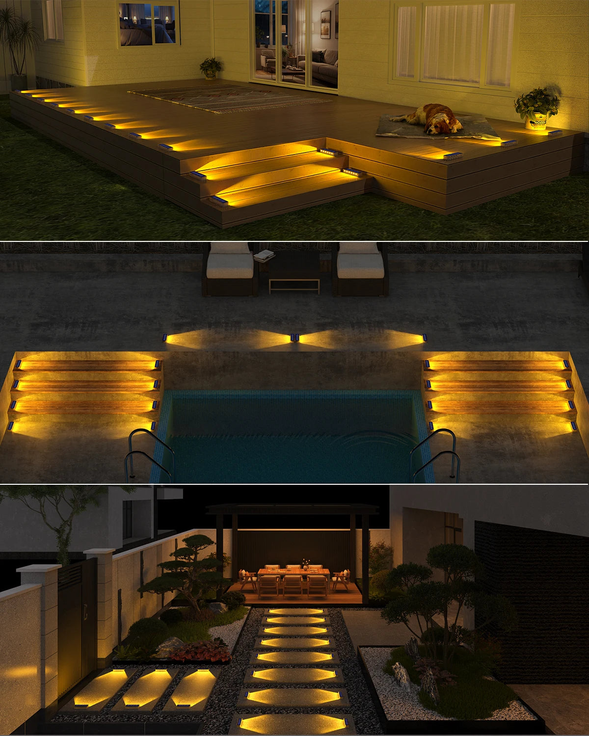Outdoor Solar Deck Lights Waterproof LED Step Sidewalk Stair Garden Light IP68 Auto On/Off Solar Powered Dock Driveway Lighting
