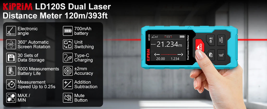 Kiprim Dual Laser Distance Meter Rechargeable Bilateral Laser Rangefinder 120m Digital Tape Measure Angle Measurment Tool