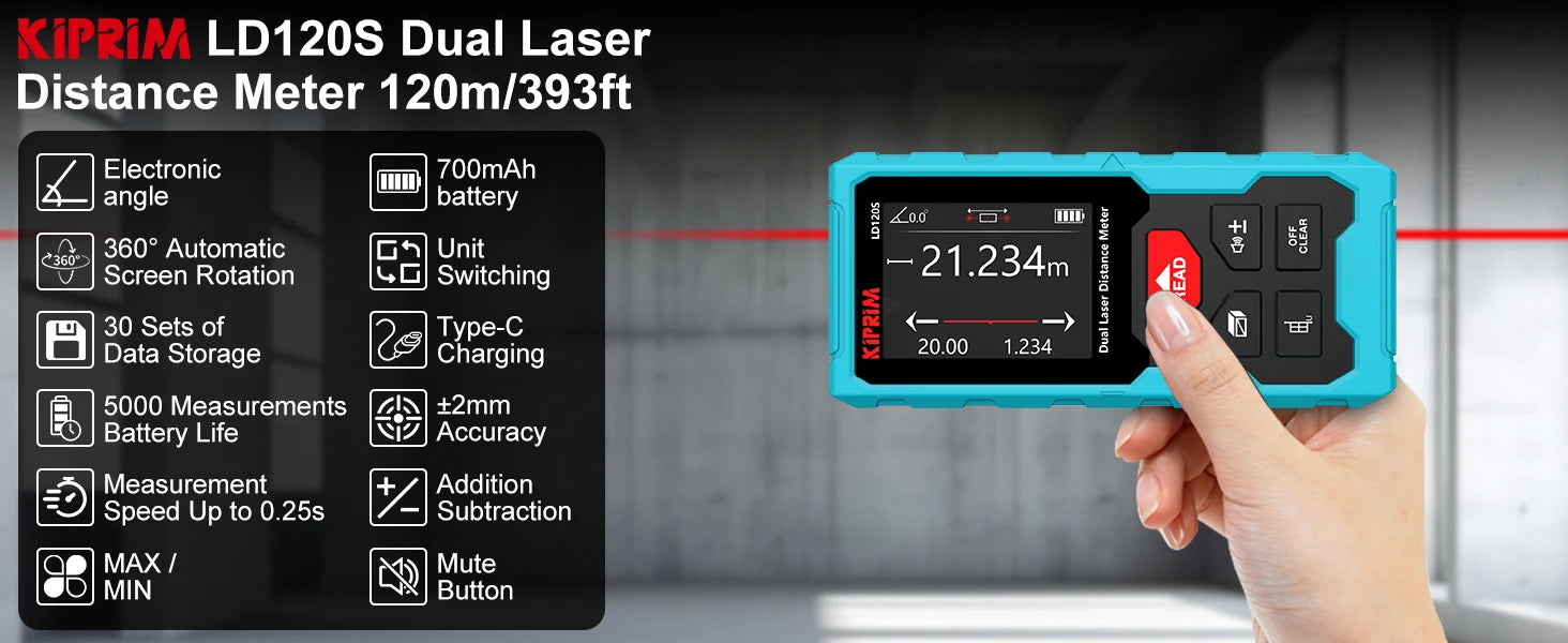Kiprim Dual Laser Distance Meter Rechargeable Bilateral Laser Rangefinder 120m Digital Tape Measure Angle Measurment Tool