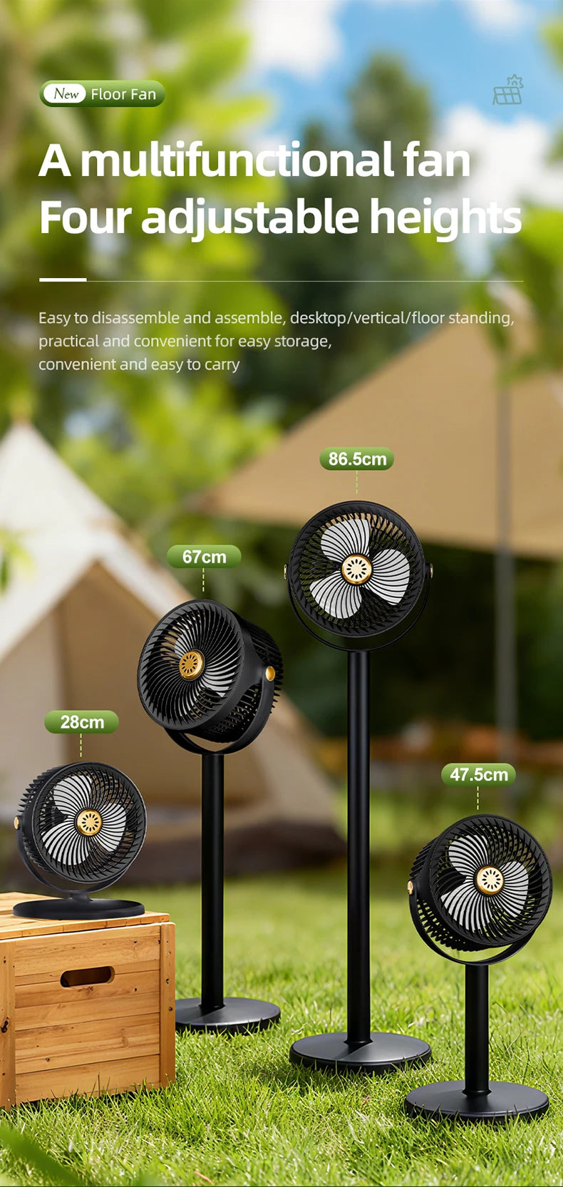 Solar Fan with LED Light, 5-Speed, 4-Height Adjustable, Portable Floor Fan for Camping, Hiking, Home, Office, USB/Solar Charging